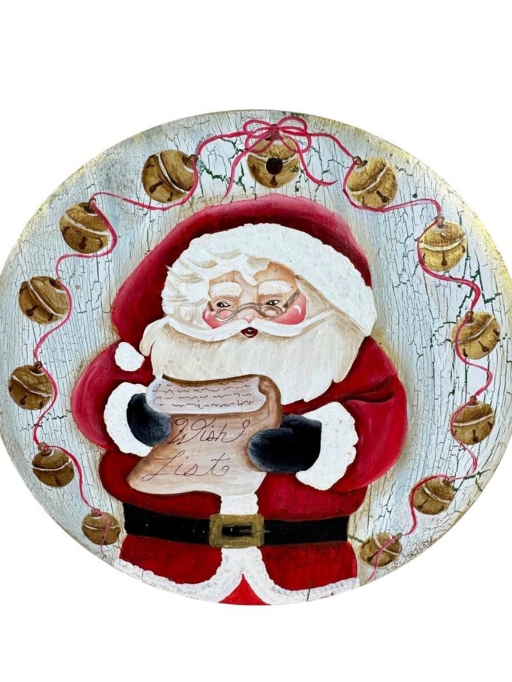 Vintage Wooden Christmas‎ Santa Bells Wish List Hand Painted Round Decor Plaque